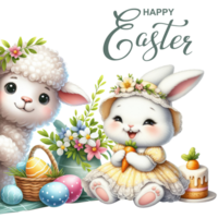 Pâques carte avec mignonne agneau et lapin png