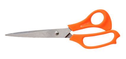 Top view of multipurpose scissors with orange handle isolated with clipping path in png file format