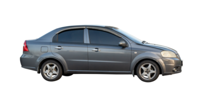 Side view of gray sedan car isolated with clipping path in png file format
