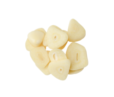 Top view of garlic slices or pieces in stack isolated with clipping path in png file format