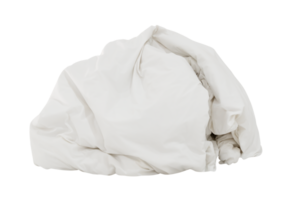 White crumpled blanket or bedclothes in hotel room leaved untidy and dirty after guest's use over night isolated with clipping path in png file format