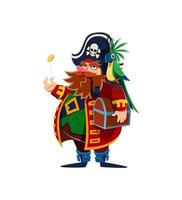 Cartoon pirate captain, treasure chest and parrot vector