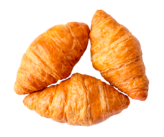 Top view set of three fresh croissants isolated with clipping path in png file format