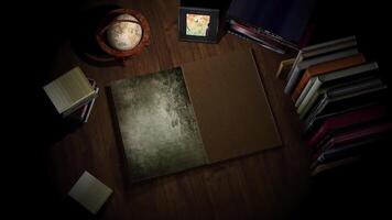 A wooden table with old furniture where a leather book is opened and the papers video