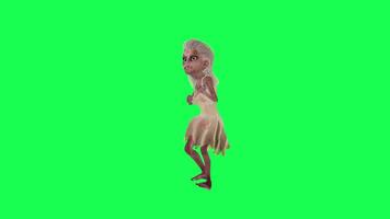Cartoon zombie woman in white dress playing guitar green screen right angle video