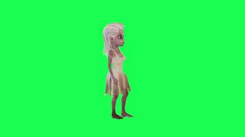 Surprised cartoon female zombie in white dress green screen left angle video