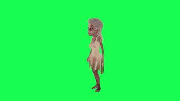 3D female zombie in white dress surprised green screen right angle video