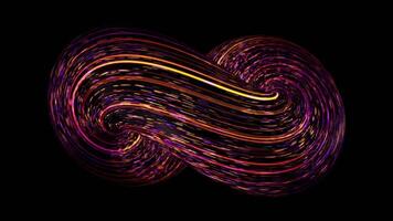Abstract 3D spiral with neon moving lines on black background. Animation. Multicolored looped spiral with moving neon lines. Volumetric closed spiral with fast luminous lines video