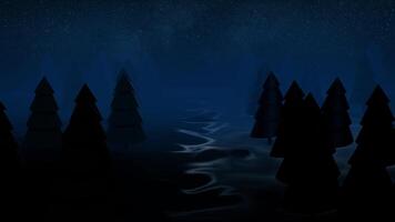 3d render background night coniferous forest. Animation. Beautiful Christmas background with copy space for inserts video