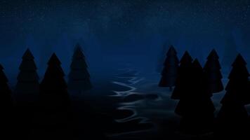 3d render background night coniferous forest. Animation. Beautiful Christmas background with copy space for inserts video