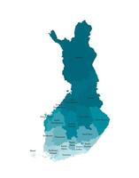 Vector isolated illustration of simplified administrative map of Finland. Borders and names of the regions. Colorful blue khaki silhouettes