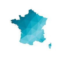 Vector illustration with simplified blue silhouette of France map. Polygonal geometric style, triangular shapes. White background