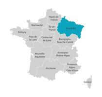 Vector isolated illustration of simplified administrative map of France. Blue shape of Grand Est. Borders of the provinces, regions. Grey silhouettes. White outline