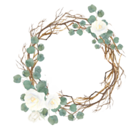 Watercolor wreath of dry twigs with roses and eucalyptus.Wreath arrangement for card, invitation, decoration. png