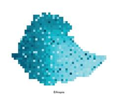 Vector isolated geometric illustration with simplified icy blue silhouette of Ethiopia map. Pixel art style for NFT template. Dotted logo with gradient texture for design on white background