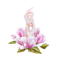 waterverf illustratie met bloeiend roze magnolia bloemen en vrouw handen. hand- getrokken kaart met magnolia en handen voor groet kaarten voor maart 8, vrouwen dag, moeder dag. png