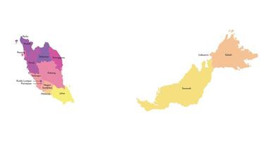 Vector isolated illustration of simplified administrative map of Malaysia. Borders and names of the regions. Multi colored silhouettes.