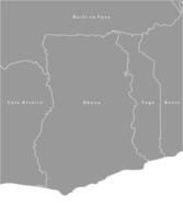 Vector illustration in grey color. Simplified political map with Ghana in the center and border with neighboring countries. White background of Gulf of Guinea