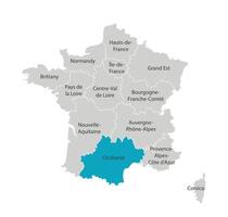 Vector isolated illustration of simplified administrative map of France. Blue shape of Occitanie. Borders of the provinces, regions. Grey silhouettes. White outline.