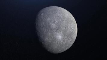 Abstract animation of rotating planet Mercury on background of stars. Animation. Abstract gray surface of planet mercury. Planetary animation for background of planet mercury video