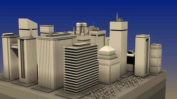 Abstract 3D layout of city. Animation. Model layout and landscape of modern city with high-rises. Modern graphic model of city from all sides on changing background video