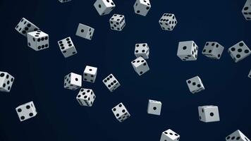 Lots of dice. Animation. Lots of moving and rotating game cubes in weightlessness on closed background. Concept of gambling. Probability of getting right combination of dice video
