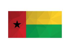 Vector illustration. Official ensign of Guinea-Bissau. National flag with red, green, yellow stripes and black star. Creative design in low poly style with triangular shapes