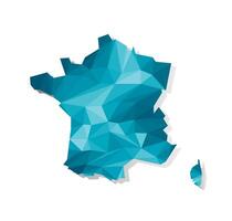 Vector isolated illustration icon with simplified blue silhouette of France map. Polygonal geometric style, triangular shapes. White background.