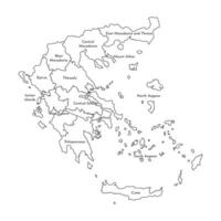 Vector isolated illustration of simplified administrative map of Greece. Borders and names of the regions. Black line silhouettes.