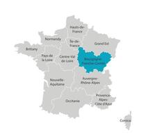 Vector isolated illustration of simplified administrative map of France. Blue shape of Bourgogne Franche Comte. Borders of the provinces, regions. Grey silhouettes. White outline.