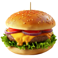 AI generated A delicious burger filled with cheese, barbecue, lettuce, tomato and onion. Perfect for food, advertising and design elements png