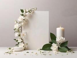 AI generated Wedding Frame with Leaves and Flowers suitable for Mockup Logo or Copy Space photo