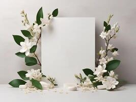 AI generated Wedding Frame with Leaves and Flowers suitable for Mockup Logo or Copy Space photo