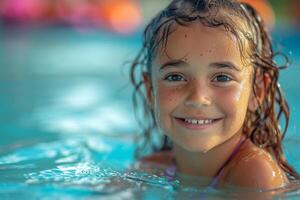 ai generado un bonito pequeño niña es nadando en el piscina foto