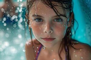 ai generado un bonito pequeño niña es nadando en el piscina foto