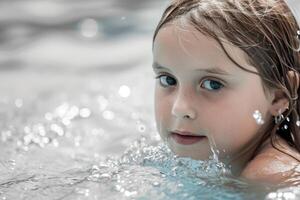 ai generado un bonito pequeño niña es nadando en el piscina foto