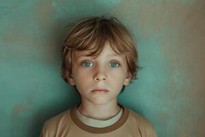 ai generado retrato de un grave chico en un azul antecedentes foto