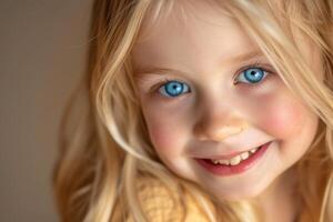 ai generado un de cerca retrato de un pequeño niña .ella es un bonito, dulce, atractivo, curioso, creativo, alegre niña foto