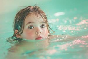 ai generado un bonito pequeño niña es nadando en el piscina foto
