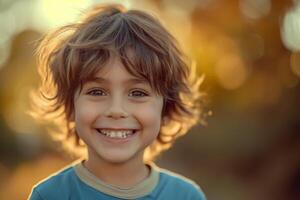 AI generated Portrait of a cheerful boy on a blue background photo