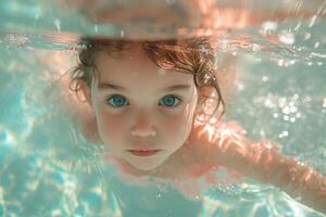 ai generado un bonito pequeño niña es nadando en el piscina foto