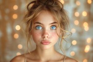 ai generado de cerca retrato de un joven muchacha. ella es un hermoso, dulce, atractivo, curioso, creativo, alegre niña foto