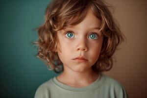 AI generated Portrait of a serious boy on a blue background photo