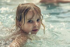 ai generado un bonito pequeño niña es nadando en el piscina foto