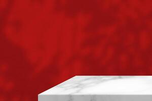 Minimal White Marble Table Corner with Tree Shadow on the Red Concrete Wall Background, Suitable for Product Presentation Backdrop, Display, and Mock up. photo
