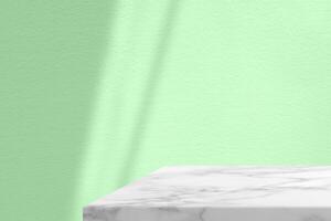 Minimal White Marble Table Corner with Shadow and Palegreen Beam on Concrete Wall Background, Suitable for Product Presentation Backdrop, Display, and Mock up. photo