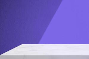 White Marble Table Corner with Light Beam and Shadow on the Blue Concrete Wall Background, Suitable for Product Presentation Backdrop, Display, and Mock up. photo