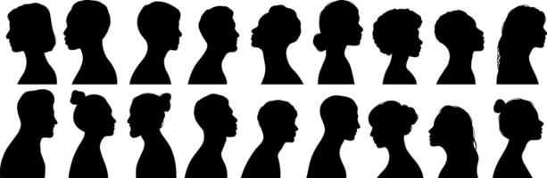 Human profile silhouettes, diverse faces looking sideways, vector clip art set, isolated