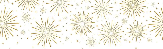 Gold firework vector banner, seamless repeating pattern for new year celebration, greeting card decoration element, simple golden border design, isolated