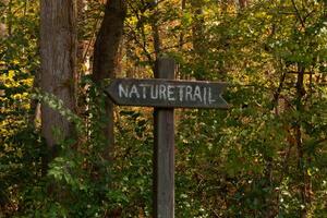 This trail marker has been paced at the beginning of the path. It is put here to make the entrance so hikers could find their way. The brown signage posted with white letters stating the title. photo